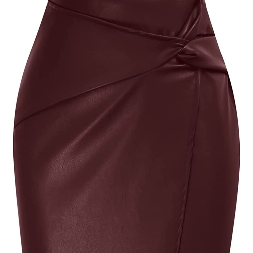 Kate Kasin Pencil Skirt Elastic High Waist Wrap Front PU Leather merlot large